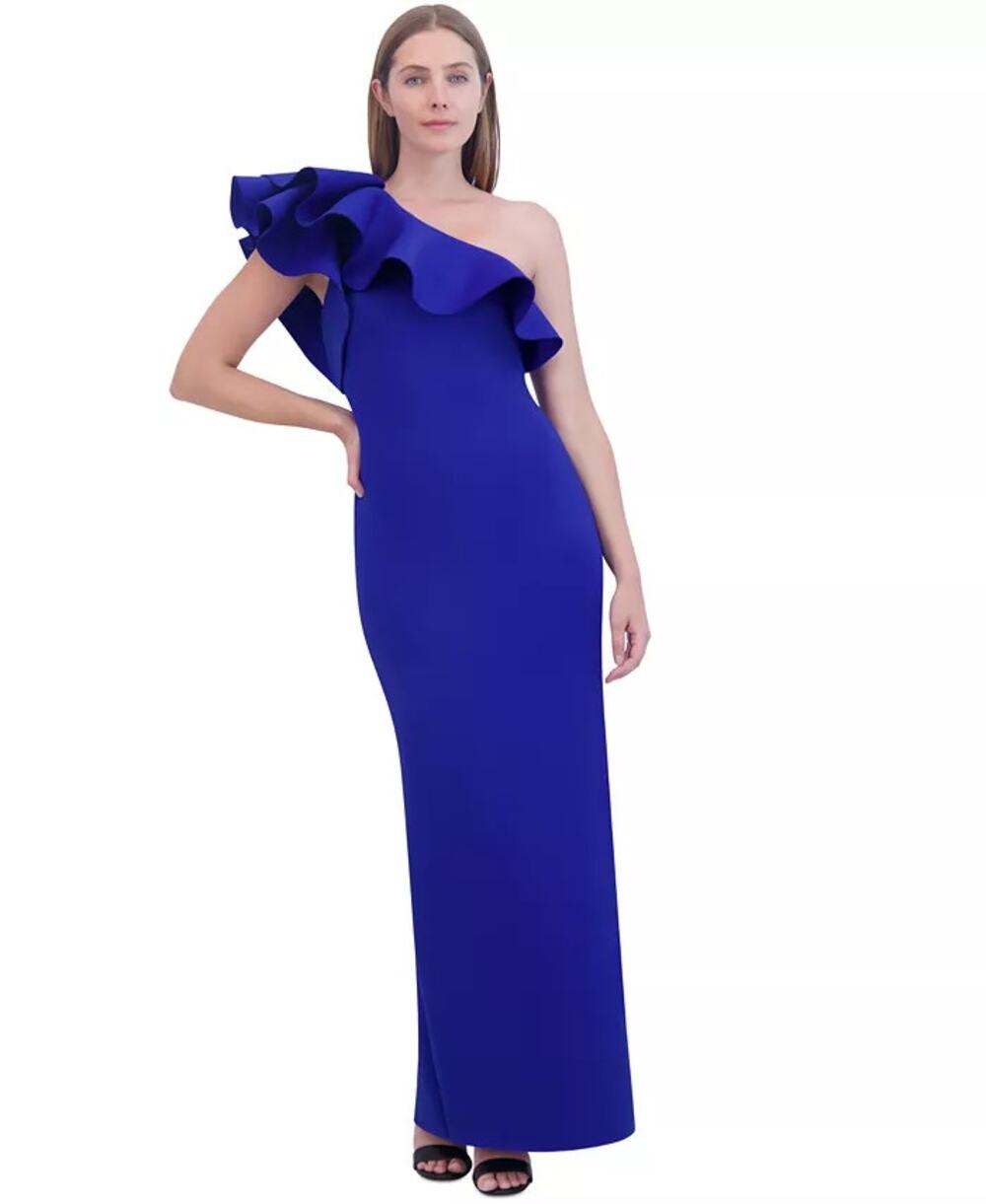 Eliza J Ruffled One-Shoulder Gown Cobalt 14